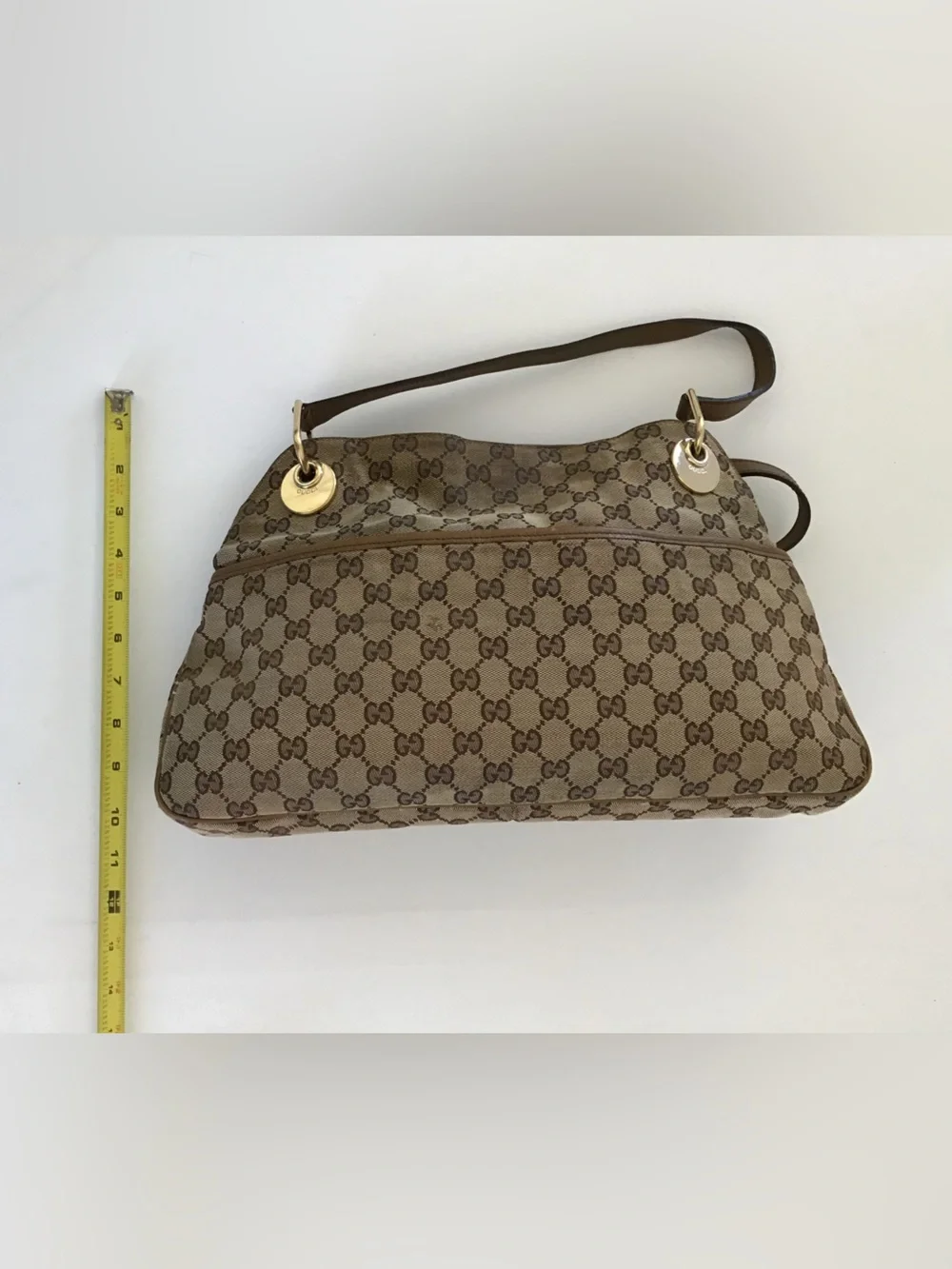 Gucci GG Canvas Eclipse Shoulder Bag Beige Brown Monogram Leather Trim Italy - Picture 13 of 15